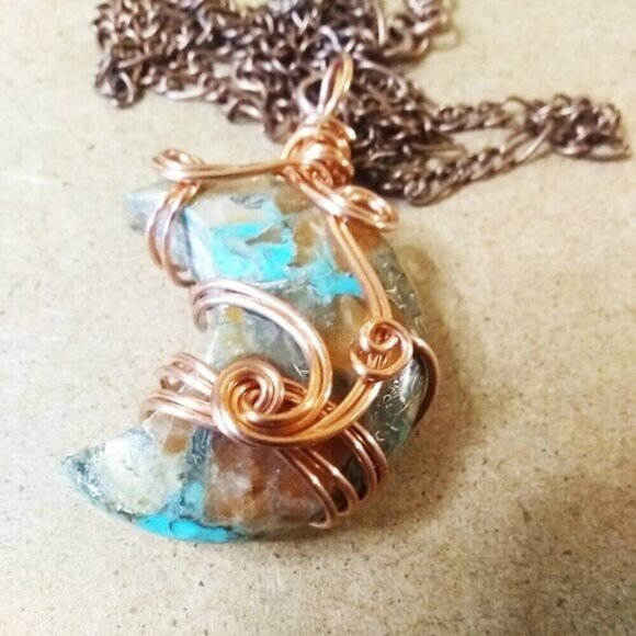 Boho Moon Goddess! Crescent Moon Necklace ~ Turquoise Agate + Quartz Composition - Picture 3 of 11
